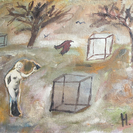 Three Cubes, canvas on fiberboard, oil, collage, 19 х 28 cm., 2012